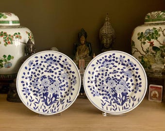 Japanese Hand Painted Porcelain Blue and White Plates, Floral Motif, 18cm, 19th Century