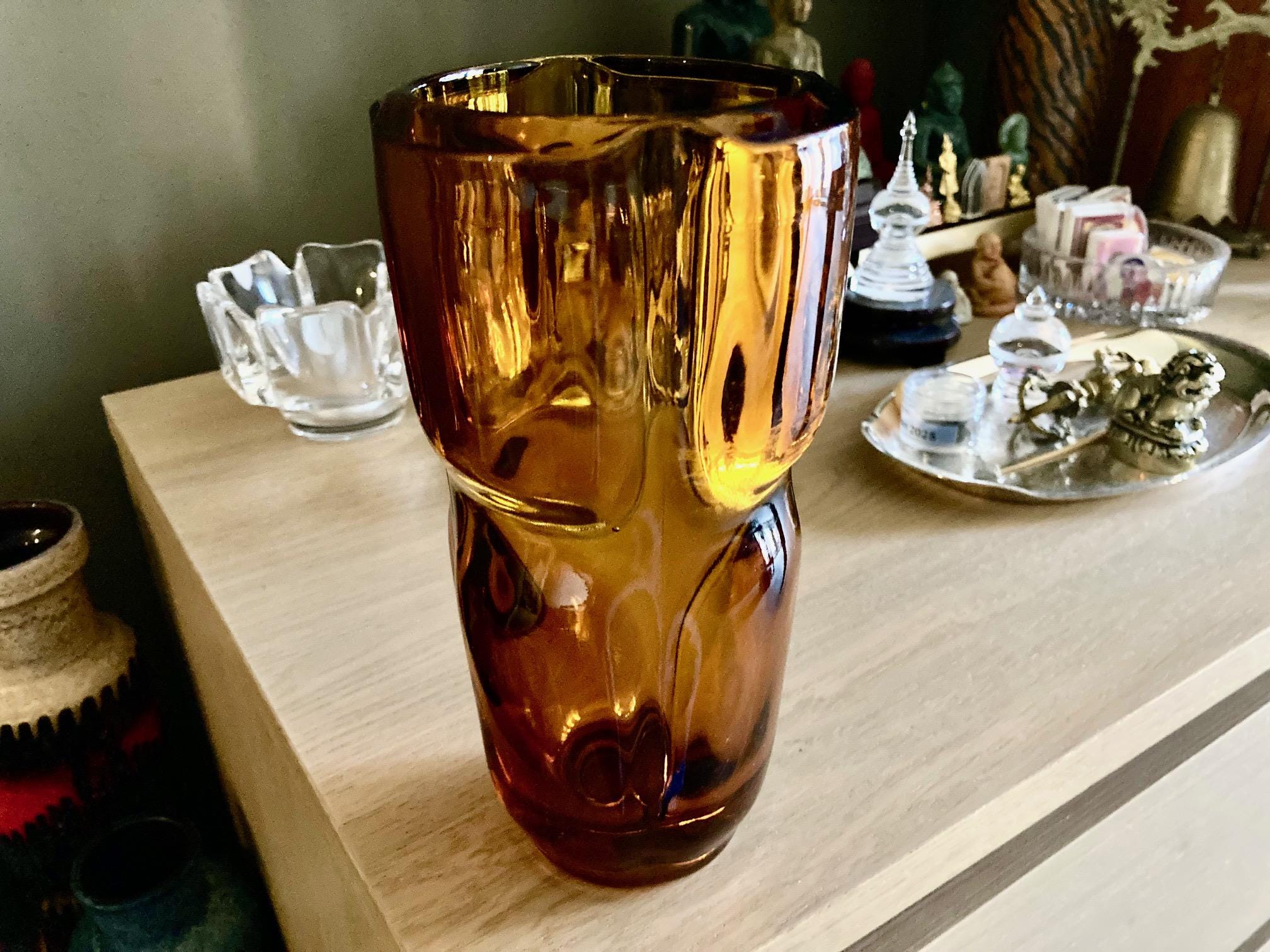 A Superb František Vízner Pressed Amber Glass Vase for Sklo Union Rudolfova Hut - c.1962 - Outstanding Condition - Home Decor - Art Glass.