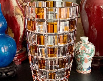 Fine Amber Checkerboard Hand Cut Crystal Vase, 20cm, PRL Era, Mid 20th Century