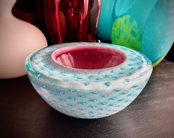 Murano Glass Bowl by Giorgio Ferro - Controlled Bubbles - Excellent Condition and Quality - c.1960&#39;s - Beautiful - Rare - Blue - Great Gift.