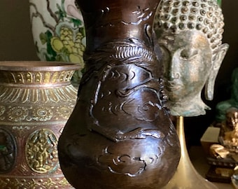 Antique Japanese Relief Cast Bronze Vase, 15cm, Late Edo/Meiji Period.