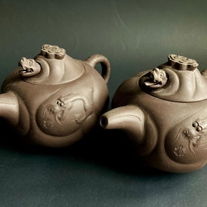 Pair of Chinese Yixing Zisha Clay Dragon Teapots - Marks: Wang Bingrong - Ex. Cond - Signs of Hand Assembly - Purple Sand - Gift for Her.