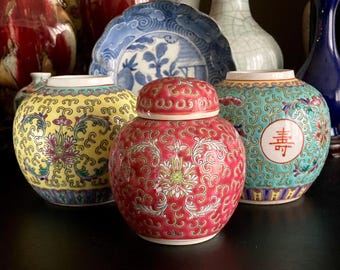 Three Vintage Chinese Porcelain Ginger Jars, 1970's, Mun Shou, Turquoise, Yellow