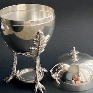 Calentador/escalfador de huevos antiguo Mappin & Webb, chapado en plata, con forma de garra de pájaro - Principios del siglo XX