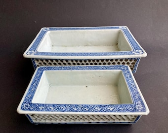 Pair of Antique Chinese Reticulated Porcelain Jardinieres, 17+23cm Planters, Bonsai Trays, 19th Century.