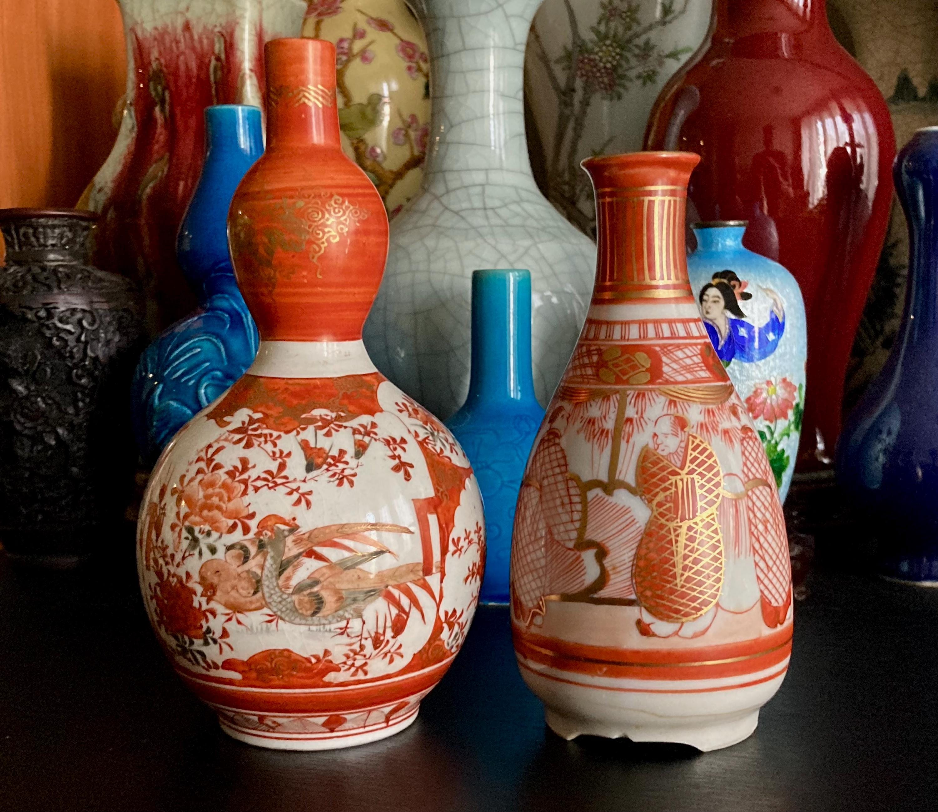 Antique Japanese Kutani Ceramic Double Gourd Vase and Bottle, 19th
