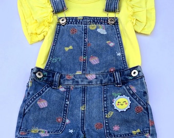 Girls Overalls Denim Blue color two pieces short set Adjustable Straps Sleeves, and Jumpsuit jeans for big girls and kids. by Triple T.