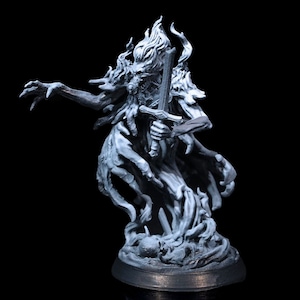 May include: A 3D printed miniature of a skeletal figure with a sword, standing on a base with a skull. The figure is painted in a light gray color and has a ghostly appearance.