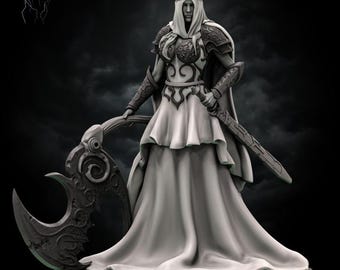 May include: A detailed grayscale figurine of a robed figure wearing a crown and armor, holding a large scythe and a sword. The figure has a flowing gown and cape. The Stormborn Collectibles logo is in the upper left corner.