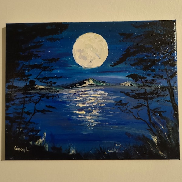 pleine lune toile acrylique peinture au couteau paysage de mer nuit