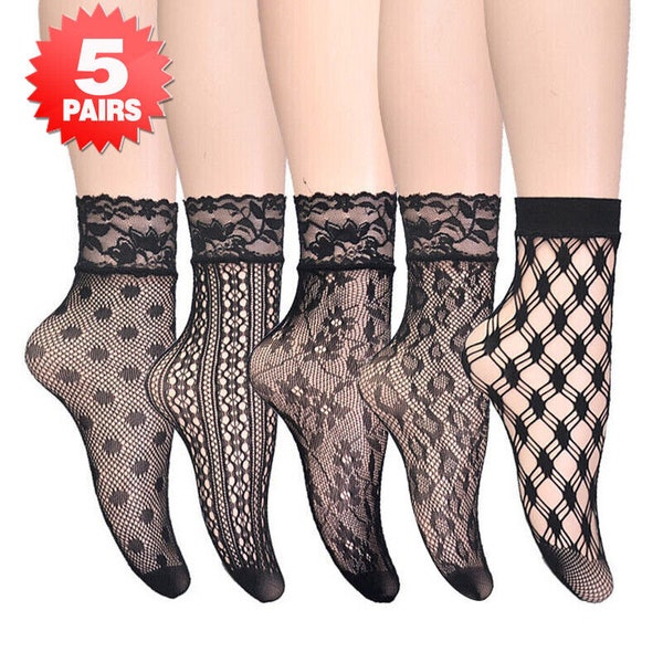 5 Pairs Women's Fishnet Socks - Transparent Elastic Lace Sheer Net Mesh Ankle Socks
