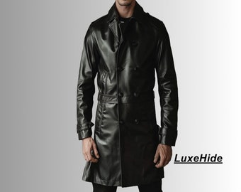 Handmade Genuine Leather Black Coat-Men Black Trench Coat-Real Leather Winter Coat-Gift For Him