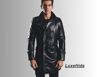 Handmade Black Leather Trench Coat-Mens Leather Winter Coat-Genuine Leather Trench Coat-Gift For Him