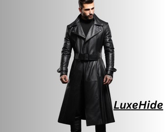 Men Black Leather Long Coat | Black Trench Long Coat For Men | Trench Coat | Long Coat | Handmade Gift | best holiday gift