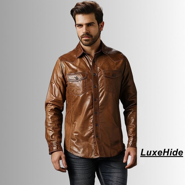 Chemise en cuir d'agneau - Chemise marron style classique pour homme - Chemise en cuir véritable faite main - Cadeau pour lui