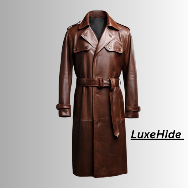 Echtes Leder Herren Trenchcoat, handgemachter Leder braun Herrenmantel, Leder Duster Mantel, Winter Ledermantel, Geschenk für ihn