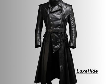 Genuine Leather Men Coat - Black Leather Trench Coat - Gothic Coat - Trench Long Coat - Men Winter Coat - Gift For Him