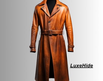 Handmade Leather Trench Coat - Real Leather Men Coat - Brown Winter Coat - Genuine Leather Coat- Gift For Him