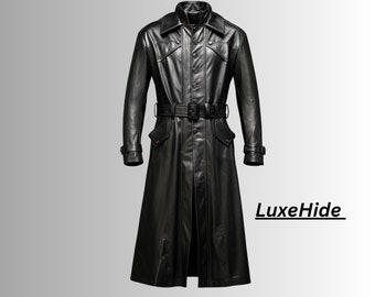 Genuine Leather Trench Coat For Men's Soft Leather Winter Overcoat Black Leather Coat Gothic Coat Handmade Long Trench Coat Long Duster Coat