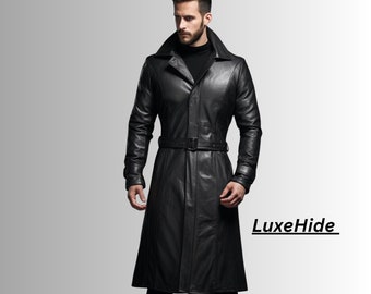 Abrigo largo de hombre de cuero genuino, abrigo de hombre negro de cuero hecho a mano, gabardina de cuero, abrigo largo de invierno negro, regalo para él