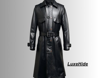 Handgefertigter Herren Ledermantel - Herren Trenchcoat - Schwarzer Trenchcoat - Herren Wintermantel - Geschenk Für Ihn