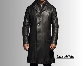 Genuine Leather Men Coat - Handmade Trench Coat - Black Trench Coat - Men Winter Coat - Long Coat - Gift For Him