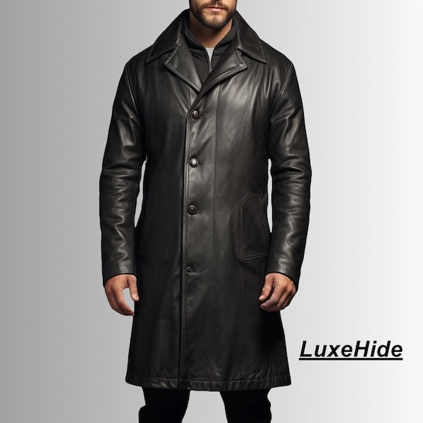 Genuine Leather Men Coat - Handmade Trench Coat - Black Trench Coat - Men Winter Coat - Long Coat - Gift For Him