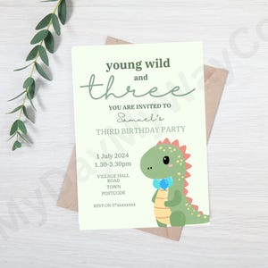 Invito per la festa del terzo compleanno dei bambini a tema dinosauro digitale / Modello Etsy modificabile / Personalizza con il nome del bambino e i dettagli della festa