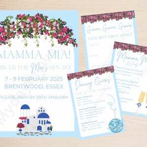 Digitale Mamma Mia Grieks thema digitale vrijgezellenfeest bundelsjabloon | Uitnodiging, routebeschrijving, drankenkaart en advieskaart | Aanpasbare sjabloon