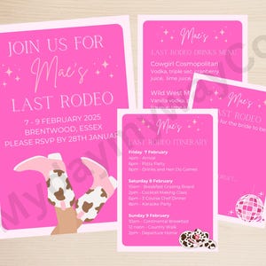 Digitale Last Rodeo Hen Do-bundel met cowgirl-thema | Uitnodiging, routebeschrijving, drankenkaart en advieskaart | Aanpasbare sjabloon