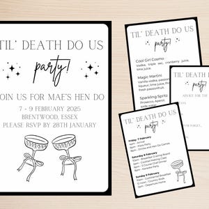 Digital Til Death Do Us Party Schwarz-Weiß-Henne-Do Bundle | Einladung, Reiseplan, Getränkekarte und Ratgeber | Anpassbare Vorlage