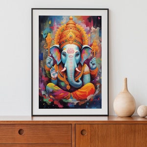 May include: A framed painting of the Hindu deity Ganesha, depicted with a blue elephant head and a colorful, abstract background.