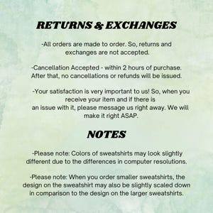 Puede incluir: Texto sobre un fondo blanco con un efecto acuarela verde. El texto dice "RETURNS & EXCHANGES" e incluye informaci&oacute;n sobre devoluciones, cambios, cancelaciones y reembolsos. El texto tambi&eacute;n incluye una secci&oacute;n titulada "NOTES" con informaci&oacute;n sobre variaciones de color y tama&ntilde;o.