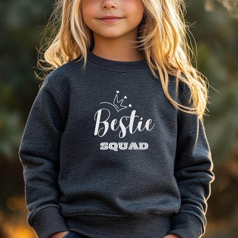 Puede incluir: Una sudadera gris oscuro con un gr&aacute;fico blanco que dice "Bestie Squad" con una corona sobre el texto.