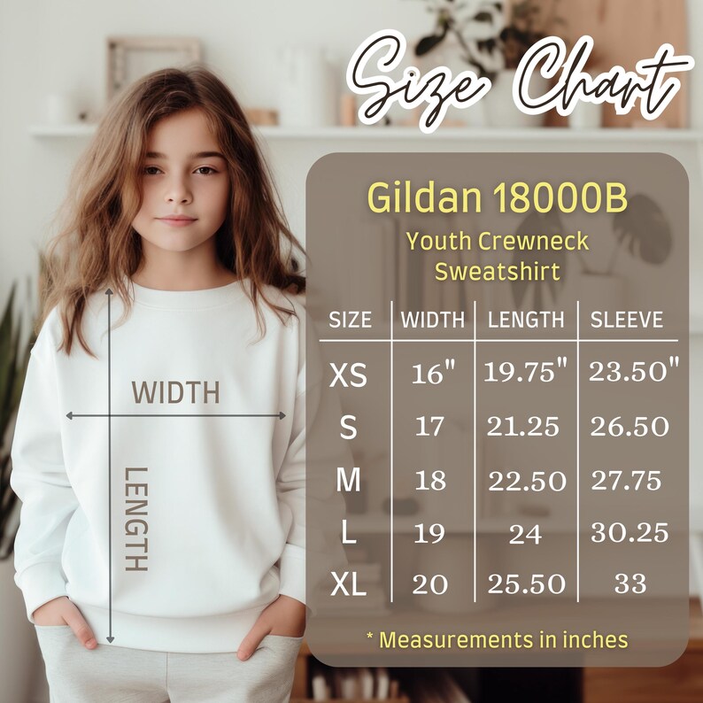 Puede incluir: Tabla de tallas para la sudadera con cuello redondo para j&oacute;venes Gildan 18000B. La tabla muestra las tallas XS a XL con las medidas en pulgadas para el ancho, la longitud y la manga.