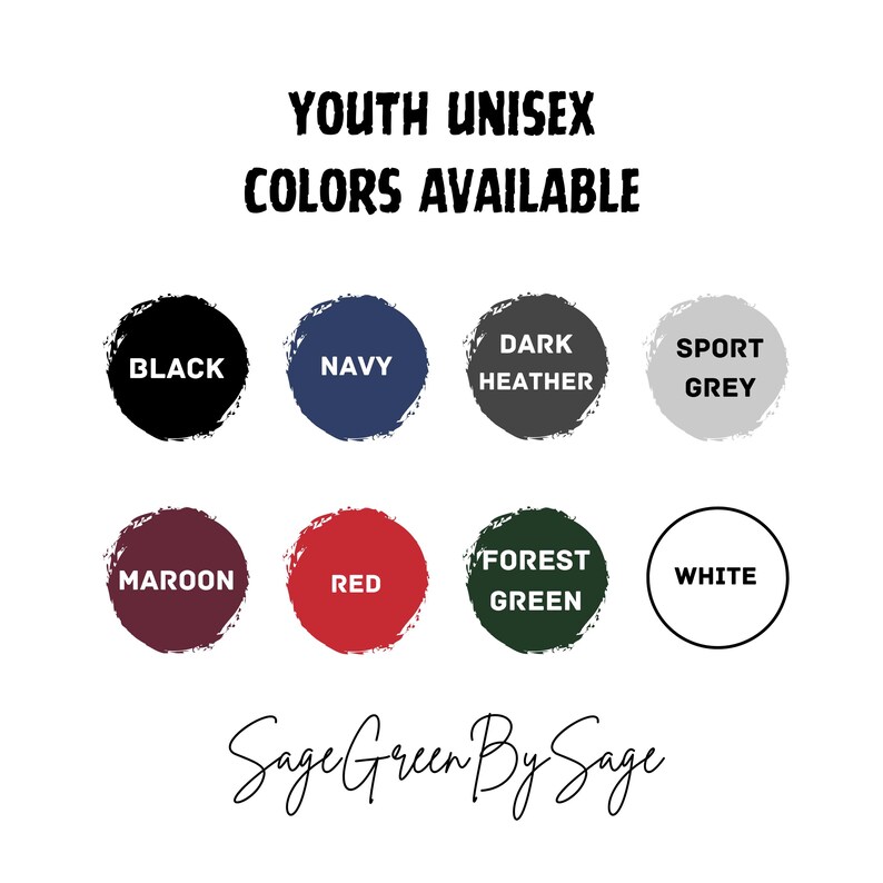 Puede incluir: Carta de colores que muestra los colores de camiseta unisex para j&oacute;venes disponibles en negro, azul marino, gris oscuro jaspeado, gris deportivo, granate, rojo, verde bosque y blanco.