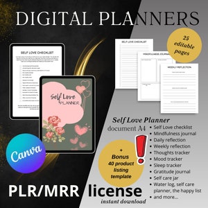 Editable and printable Self Love Planner - PLR & MRR Licensed Digital Product |  Instant Download | Self-Love Checklist | Gratitude Journal