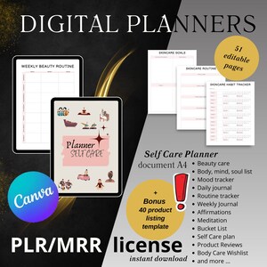 Editable and printable Self Care Planner - PLR & MRR Licensed Digital Product |  Instant Download | Self-Care Tracker | Mindfulness