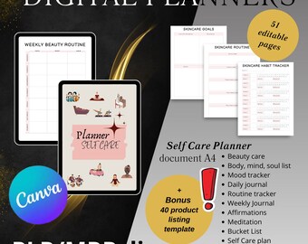 Editable Self Care Planner – 51 Page Wellness Tracker (PLR & MRR, Digital Download)