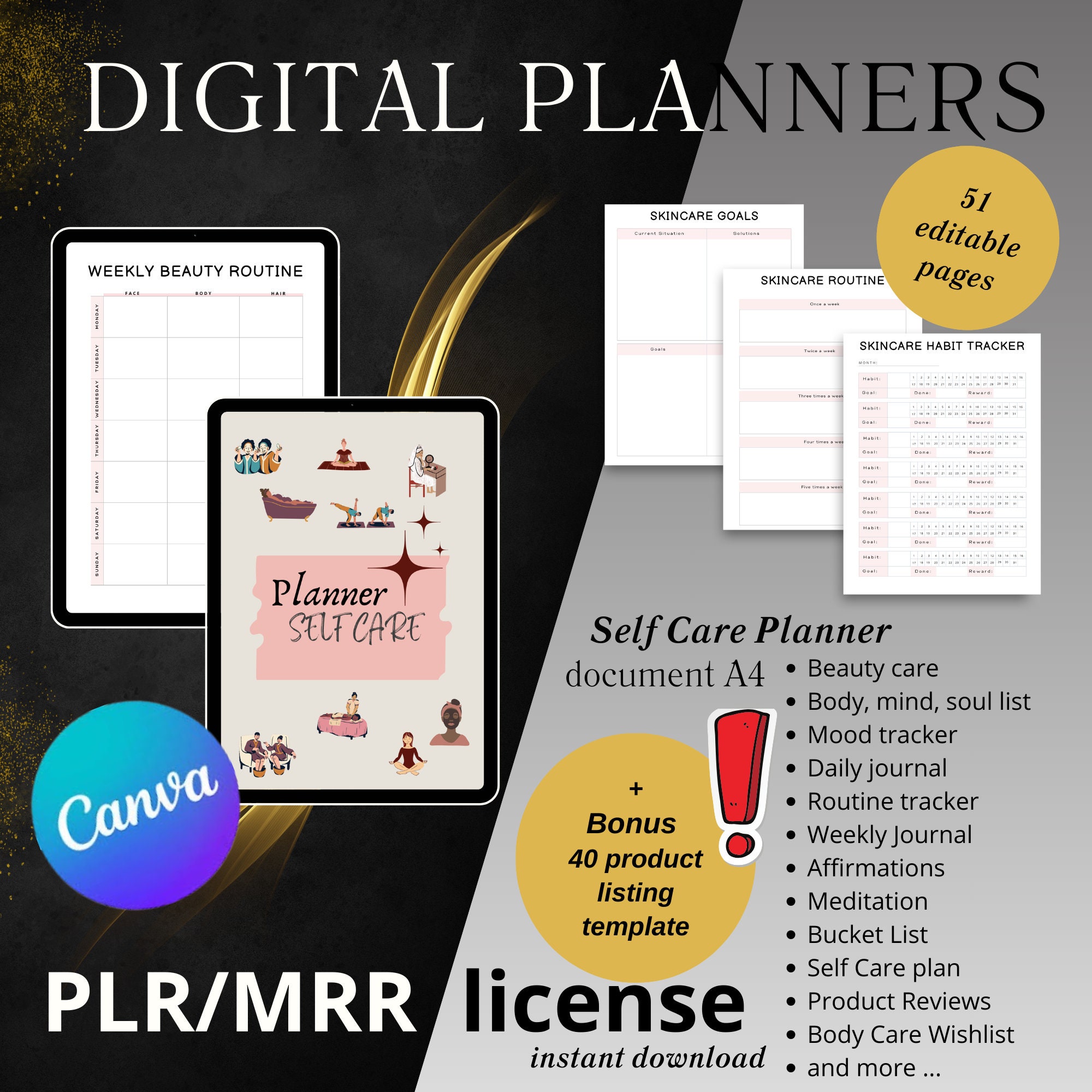 Editable Self Care Planner – 51 Page Wellness Tracker (PLR & MRR ...
