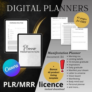 May include: Digital planner with a gray and white design. The planner is titled "Planner Manifestation" and includes a morning routine, meditation tracker, and 3-6-9 method. The planner is available as a digital download and includes a bonus 40 product listing template.