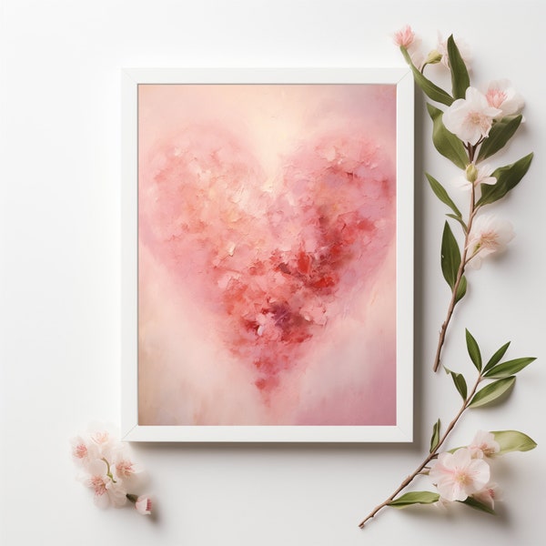 Valentine's Day Pink Love Heart - Digital Oil Painting Style Artwork Valentines Wall Art Valentines Day Decor Romantic Wall Art Gift for Her