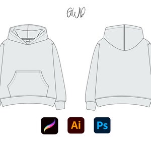 Peut inclure: Vue de face et de dos d'un sweat à capuche gris avec une poche kangourou. Le sweat à capuche a une capuche à cordon et des manches longues.