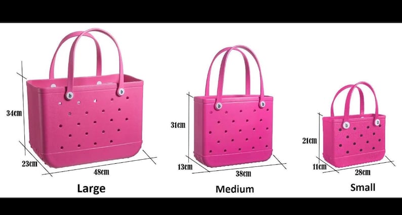 May include: Three pink tote bags of varying sizes. The large bag is 19 inches wide, 13 inches tall, and 9 inches deep. The medium bag is 15 inches wide, 12 inches tall, and 5 inches deep. The small bag is 11 inches wide, 8 inches tall, and 4 inches deep.