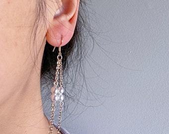 Puede incluir: Un par de pendientes de cadena dorada con detalles de perlas blancas. Los pendientes son largos y cuelgan del lóbulo de la oreja.