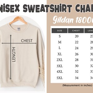 May include: Unisex sweatshirt size chart for Gildan 18000. The chart shows chest and length measurements in inches for sizes S through 5XL.