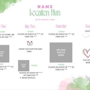 Può includere: Un itinerario di eventi bianco con accenti acquerello rosa e verde. Il layout include segnaposto per foto, dettagli dell'evento e un programma per il fine settimana. Il testo include "Nome", "Location Hen" e "Grazie!"