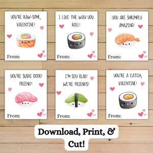 Sushi Valentine Digital Download Printable for Kids PDF Print at Home Valentines Cards