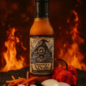 May include: A bottle of "Philosopher's Wrath" hot sauce with a label featuring a grim reaper-like figure. The image includes red peppers, garlic cloves, onion slices, and carrot sticks, with a fiery background.