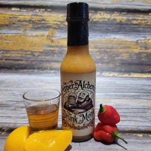 Homemade Small Batch Gormet Medium Hot Sauce, Foodie Gift, Gift For Him, The Drunk Monk Peach Ghost Pepper Bourbon Hot sauce